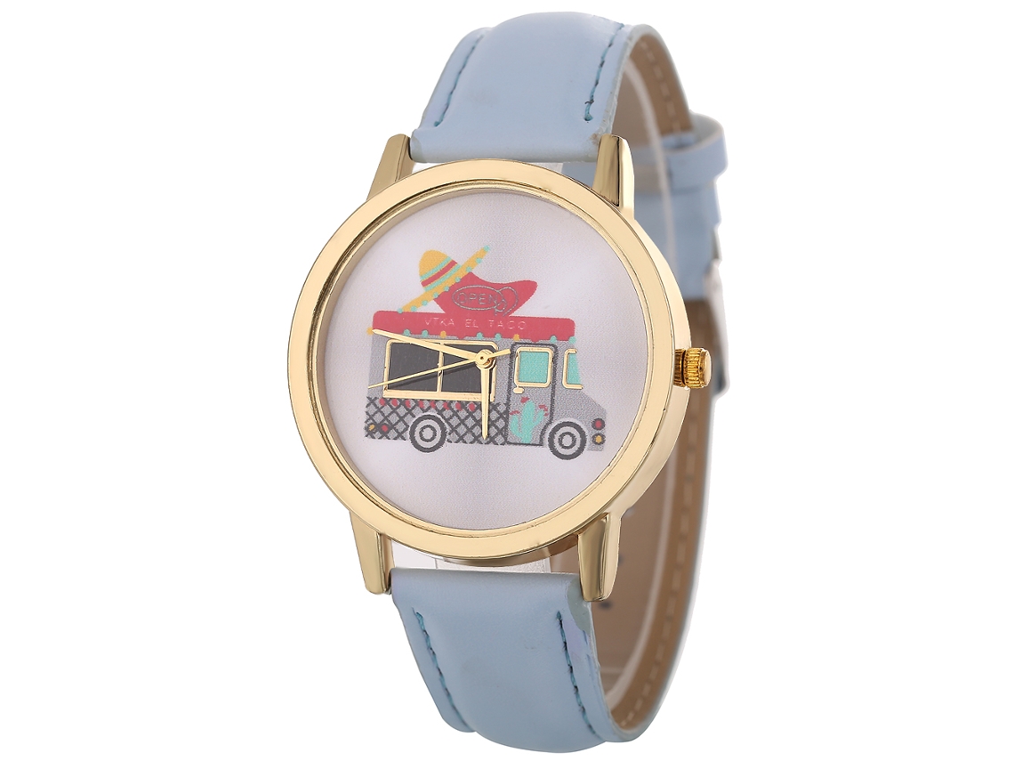 Reloj De Pulsera Unisex De Cuarzo Con Estampado De Coches En Piel Sintética Azul Claro.