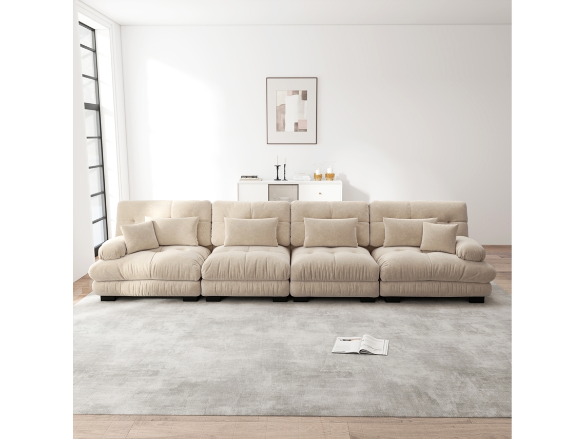 Sofá Modular 4 Plazas - Ecksofa Con Tiefensitz, Chenille, Sofá Cama Cómodo - Café Claro