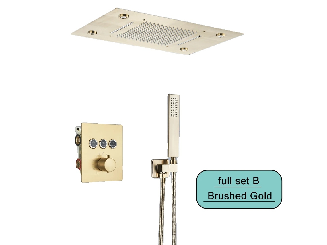 Juego de ducha empotrada en el techo, cabezal de ducha tipo lluvia, luz LED, diseño de montaje en pared, oro cepillado, juego B