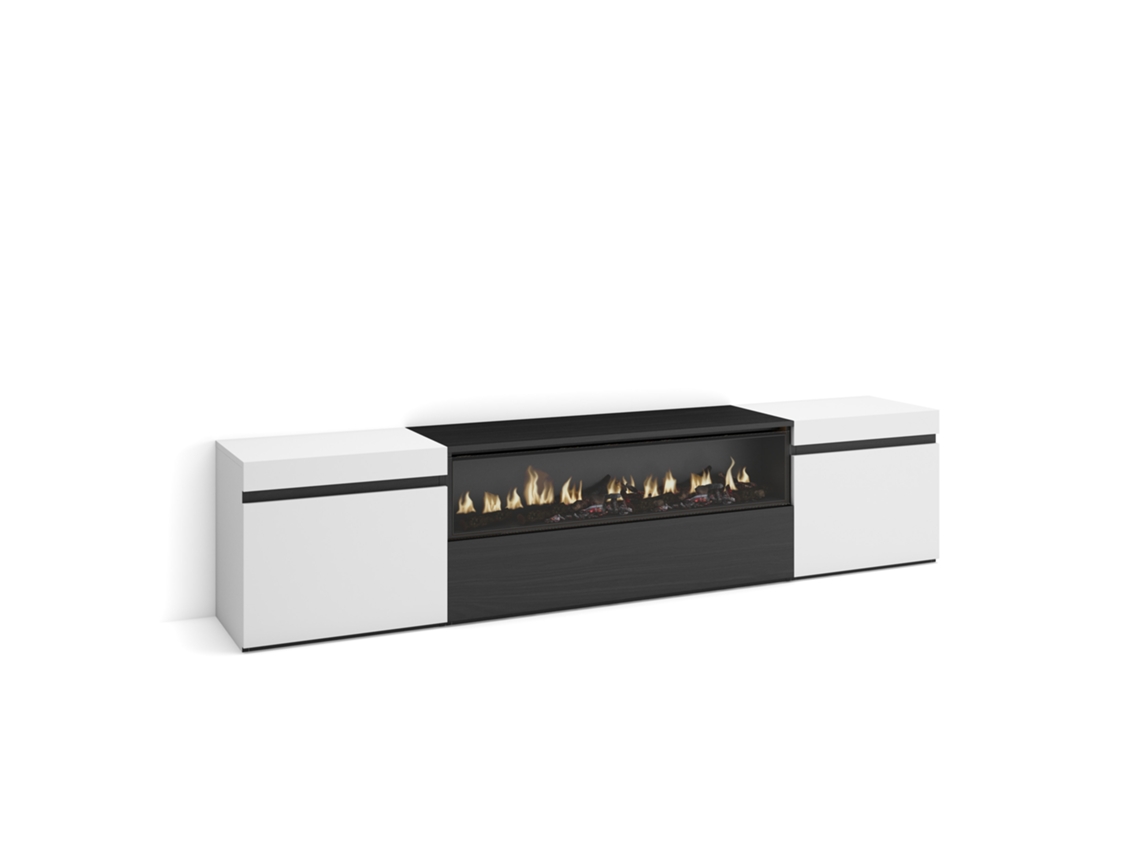 Mueble Tv, Televisión, 200x35x45cm, Para Tv Hasta 80", Chimenea Eléctrica, Blanco Y Negro