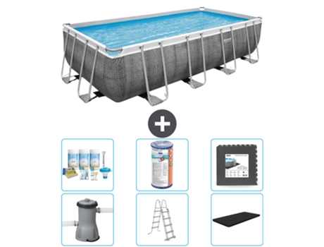 Piscina BESTWAY Rectangular Power Steel - Estampado Ratán - 488 x 244 x 122 - Incluida Bomba - Escalera - Cobertor Accesorios CB31