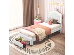 Cama Infantil Estofada, 90x200 Cm, Com Cabeceira Em Formato De Coroa De Princesa E Iluminação Led, Cama De Solteiro Com Gaveta, Em Pu Branco
