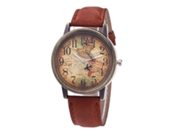 Reloj De Pulsera Unisex Con Correa Vaquera, Estampado De Mapamundi, Cuarzo (marrón Oscuro).