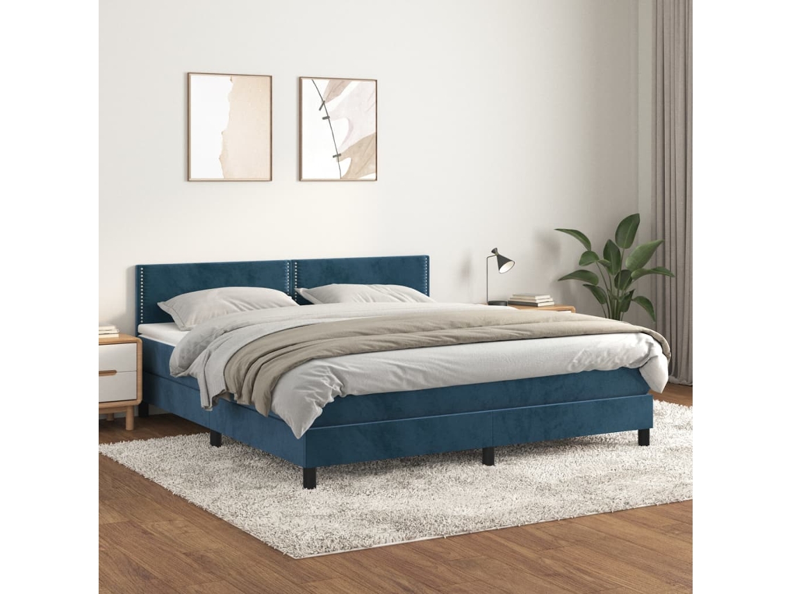 Cama Box Spring Con Colchón Terciopelo Azul Oscuro 180x200 Cm