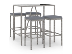Conjunto 5 Mesa y taburetes altos jardín VIDAXL y cojines ratán PE gris