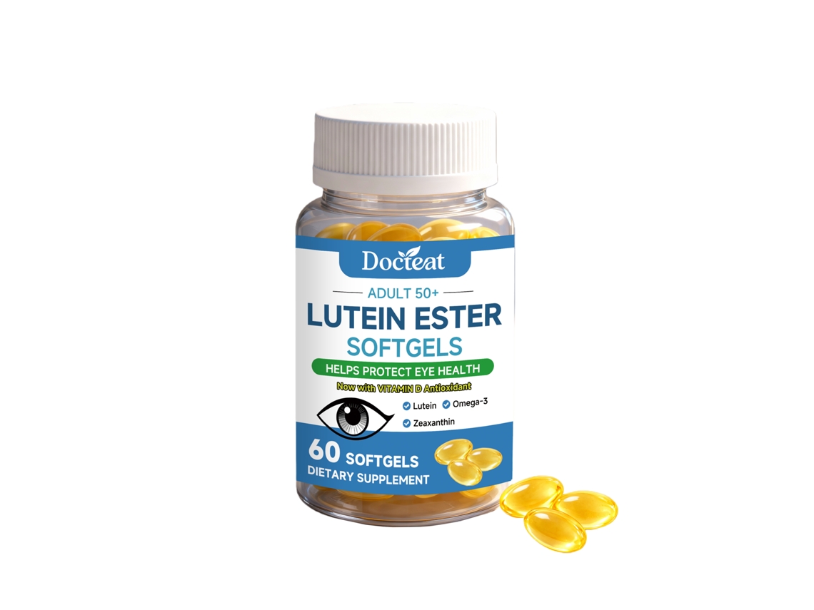 Cápsulas de suplemento nutricional para el cuidado ocular en adultos mayores de 50 años.