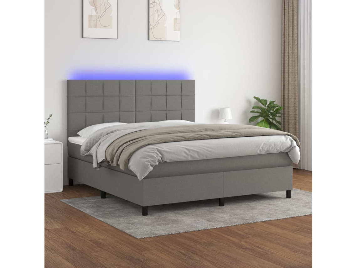 Cama Box Spring Colchón Y Luces Led Tela Gris Oscuro 160x200 Cm