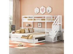 Litera de madera de 90 x 200 cm (90/180 x 200 cm), 2 cajones, estantes y somier de láminas, color blanco.