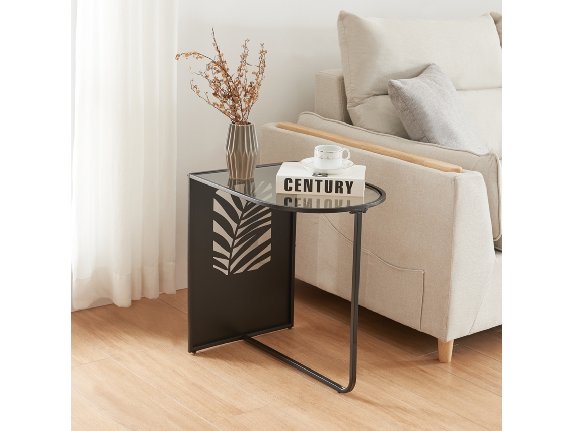 Mesa auxiliar Ulvik semiovalada metal cristal 50x50x35cm - Negro [EN.CASA]