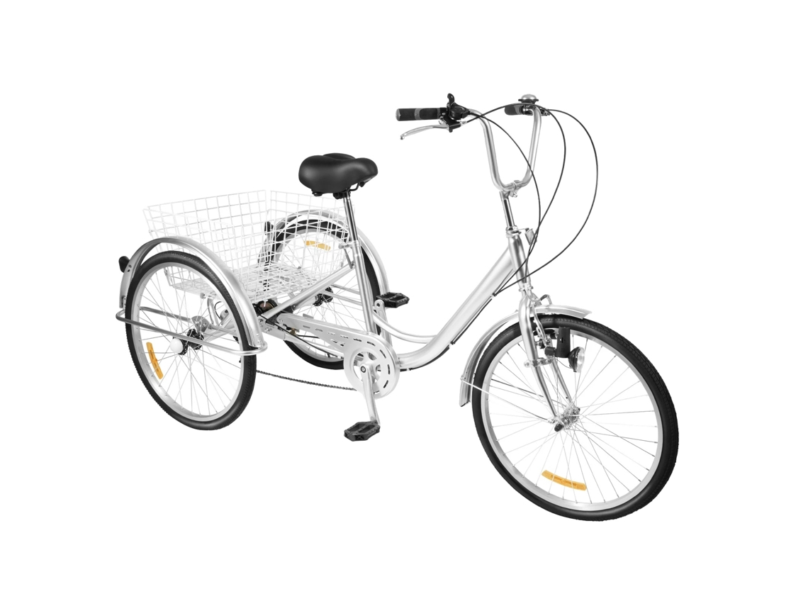 Triciclo de 24 pulgadas, 6 velocidades, cuadro de acero al carbono, cesta trasera, color plata OEM