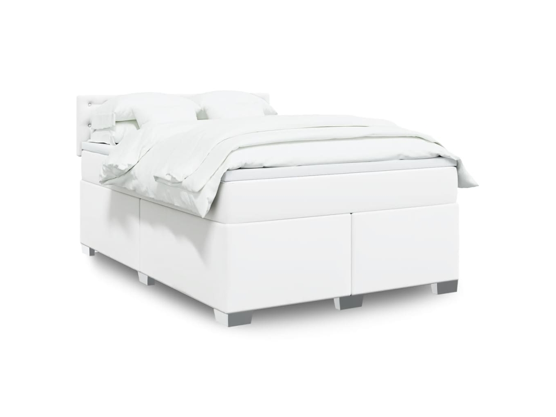 Cama Box Spring Con Colchón Cuero Sintético Blanco 140x190 Cm