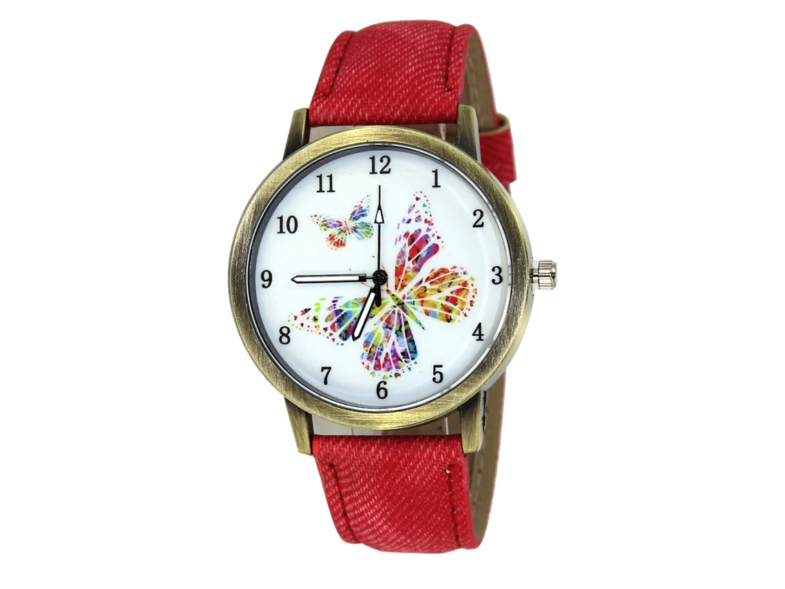 Reloj De Pulsera De Cuarzo Para Mujer En Aleación Con Correa Vaquera, Mariposas De Moda, Rojo.