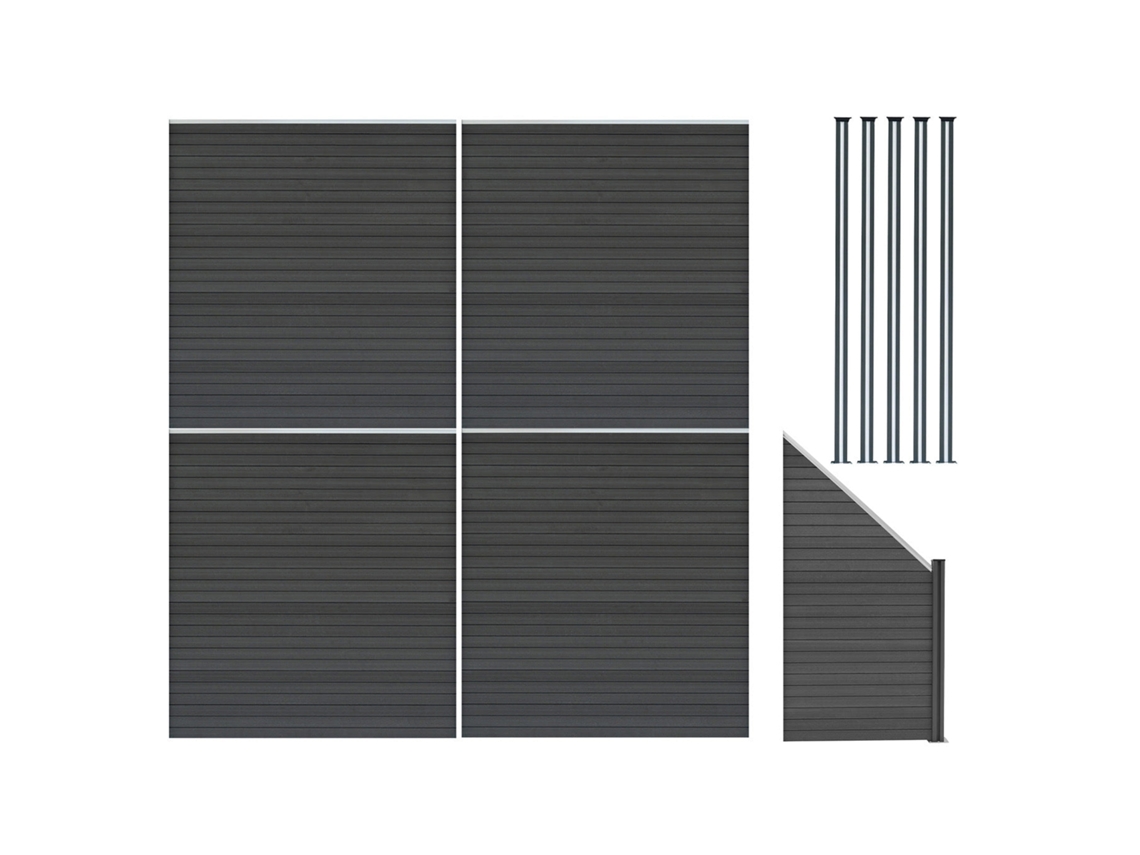 Valla exterior WPC 185 x 772 cm | Gris | 4 paneles rectos, 1 panel oblicuo, 5 postes con LED solar | Panel de doble cara | Diseño Monstershop