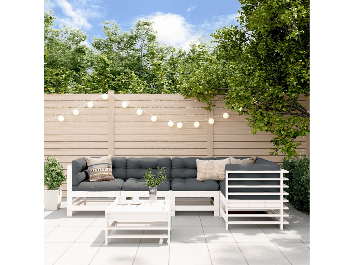 Conjunto de jardín de 6 piezas con cojines, madera maciza, blanco, DKD Home Decor