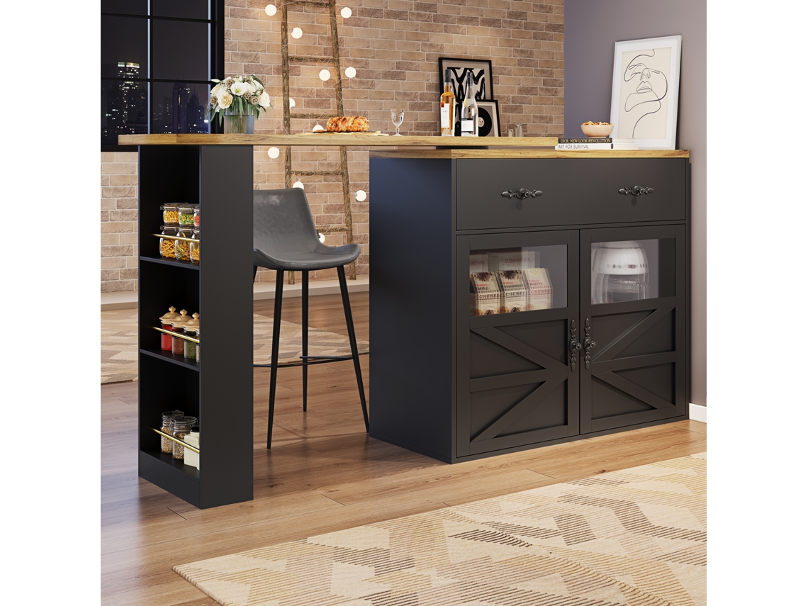 Mueble bar giratorio y retráctil de 360° con 1 cajón y 2 puertas, estantes abiertos, estilo negro natural