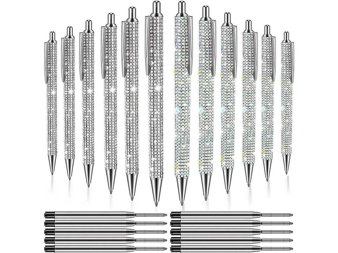 Juego De 12 Bolígrafos Metálicos Brillantes, Con Un Diamante De Cristal Retráctil De 0,7 Mm.