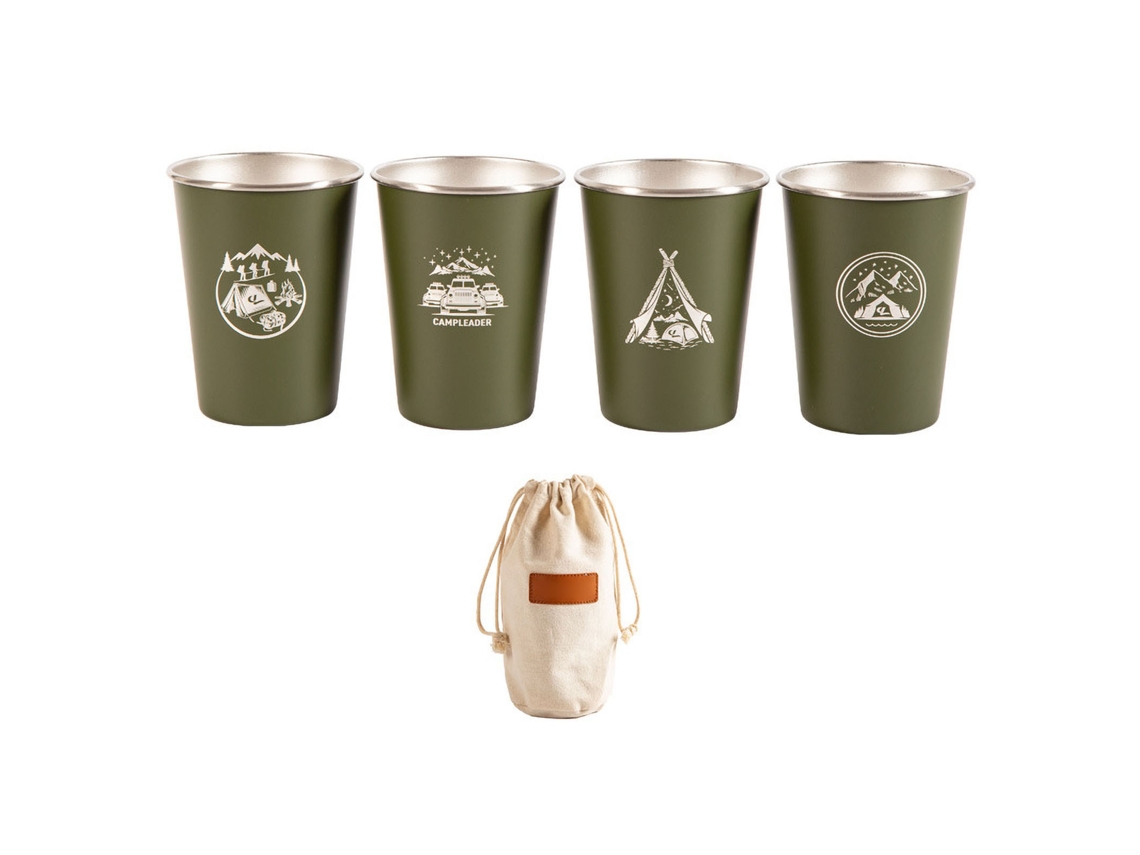 Juego de 4 vasos de acero inoxidable para camping, picnics, barbacoas, café, vino, color verde militar.