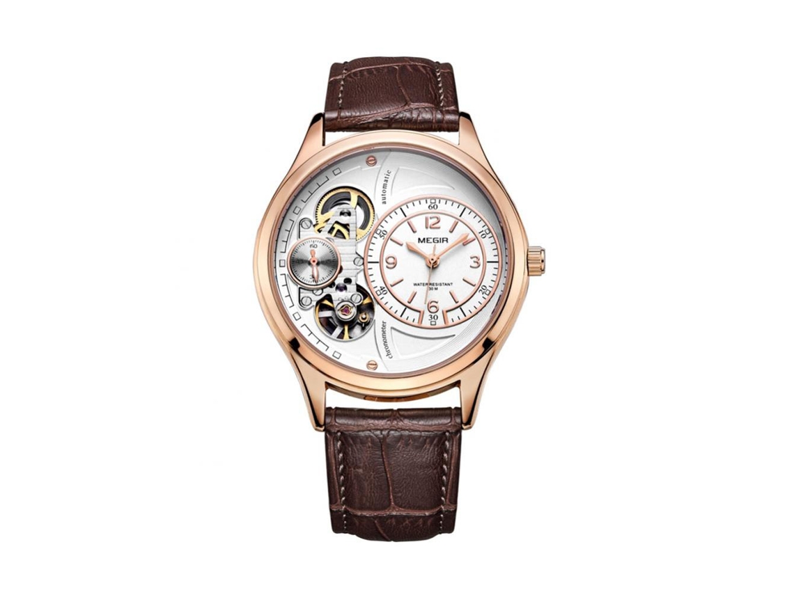 Reloj Hombre Megir De Cuero Pu Hueco Caja Oro Rosa Dial Blanco Resistente Al Agua