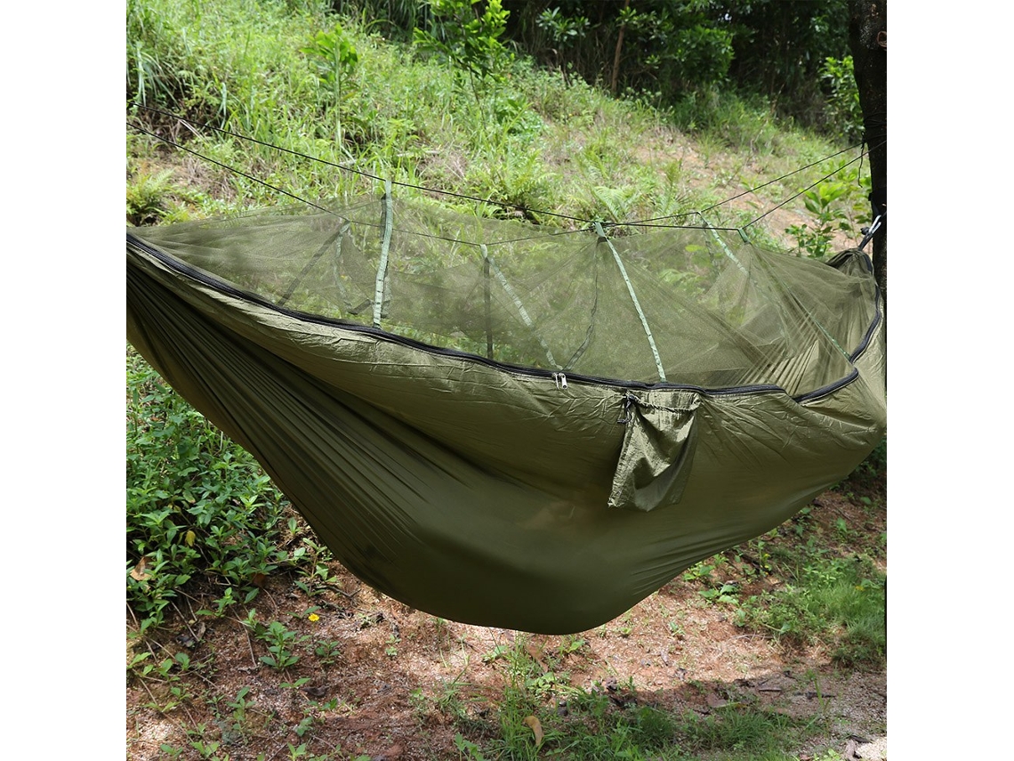 Hamaca de camping para 2 personas con mosquitera, color verde militar.