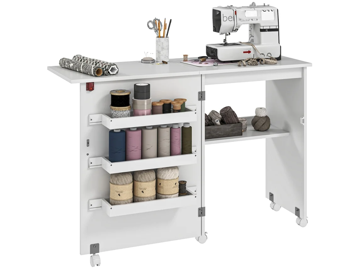 Mesa Costura Plegable Tapa Abatible Almacenamiento Ruedas Blanco