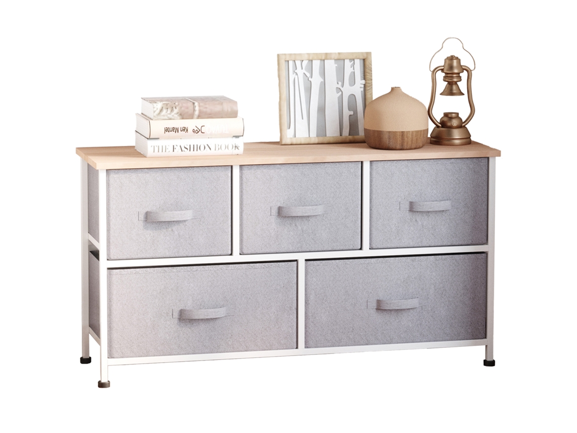 Cómoda 5 Cajones Tela Acero 100x30x54cm Gris Blanco