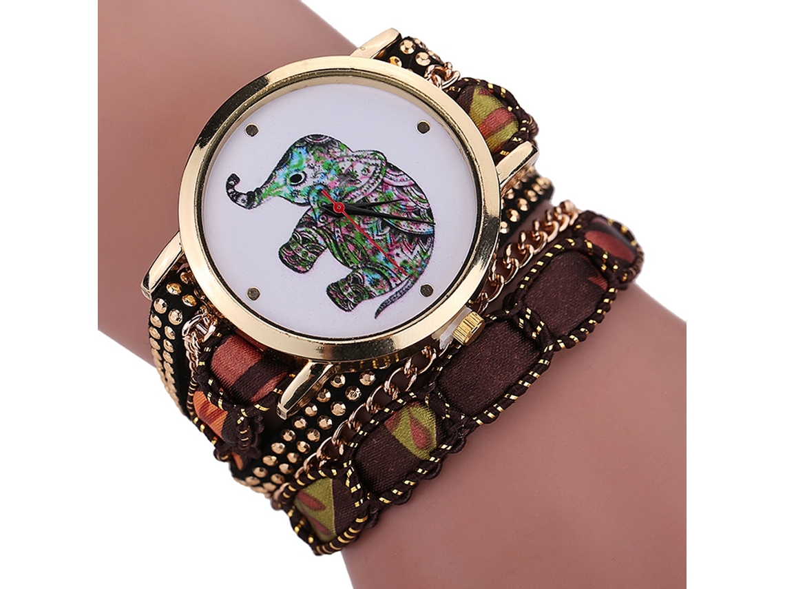 Reloj De Pulsera Multicapa De Estilo Étnico Para Mujer Con Esfera De Elefante Y Movimiento De Cuarzo Marrón.