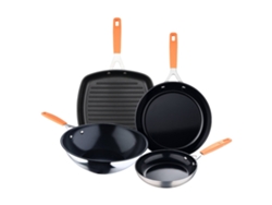 Juego compacto San Ignacio con 2 sartenes Ø16ø28cm + parrilla cuadrada 28x28cm + wok Ø28cm en aluminio forjado para inducción.
