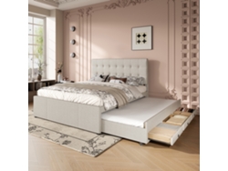 Cama Tapizada 140x200 Cm Con Cama Extra 90x190 Cm - En Tejido De Lino - Con 3 Cajones Y Somier De Láminas - Beige