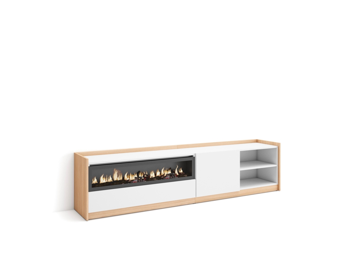 Mueble para TV, 207x37x50cm, para televisores de hasta 80'', chimenea eléctrica, blanco y roble claro.