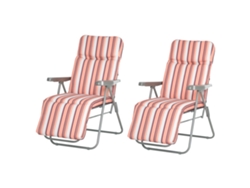 2 Espreguiçadeiras Jardim Dobráveis Aço Almofada Encosto 5 Posições Apoio Pés 60x75x65-102cm Laranja Branco