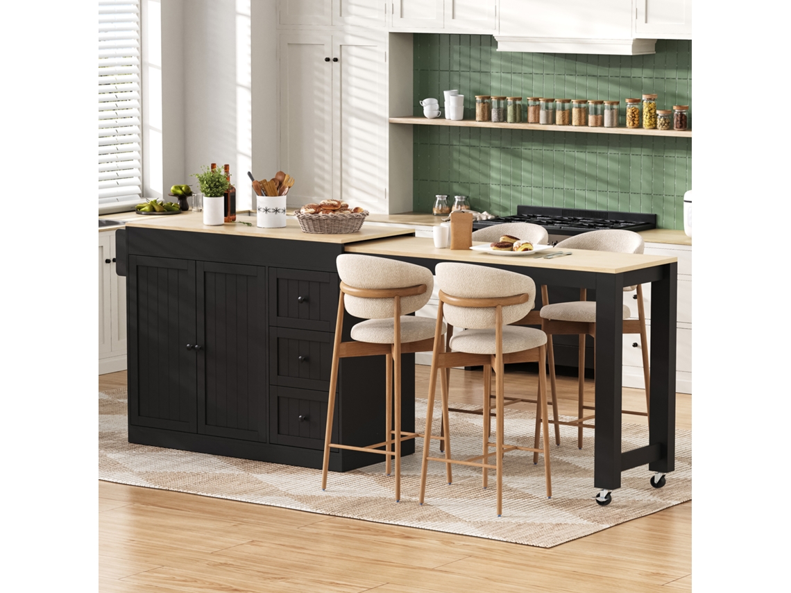 Isla De Cocina Con Ruedas, Especiero Extensible Y Cajones, Color Negro.