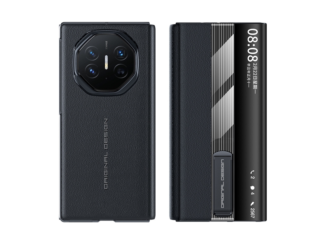 (black Huawei Matexts) Funda De Teléfono Cuero Genuino Tripliable Business Pinhole Patrón Xts Smart Window Stand Protector