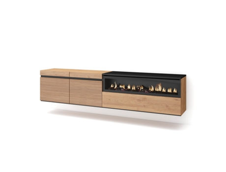Mueble TV Televisión, 200x45x35cm, Para TV hasta 80, Chimenea eléctrica, Colgado, Suspendido, Roble SKRAUT HOME