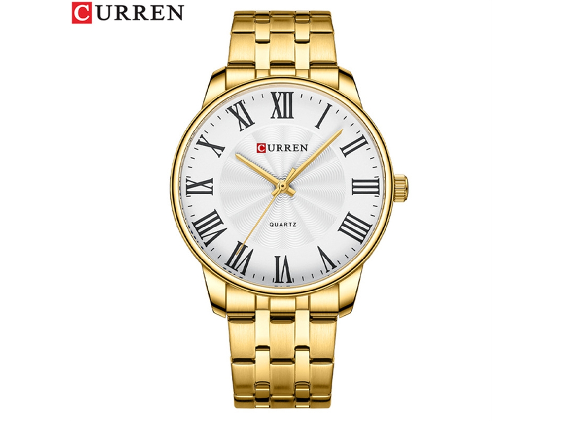 Reloj De Pulsera Sencillo Para Hombre (dorado Y Blanco) De Cuarzo Con Esfera Grande, Números Romanos Y Correa De Acero Inoxidable.