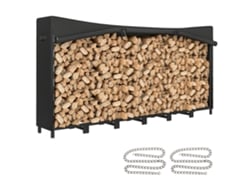 Soporte metálico para leña de 235 x 31 x 116 cm para uso exterior con cubierta impermeable y estructura de acero negro.