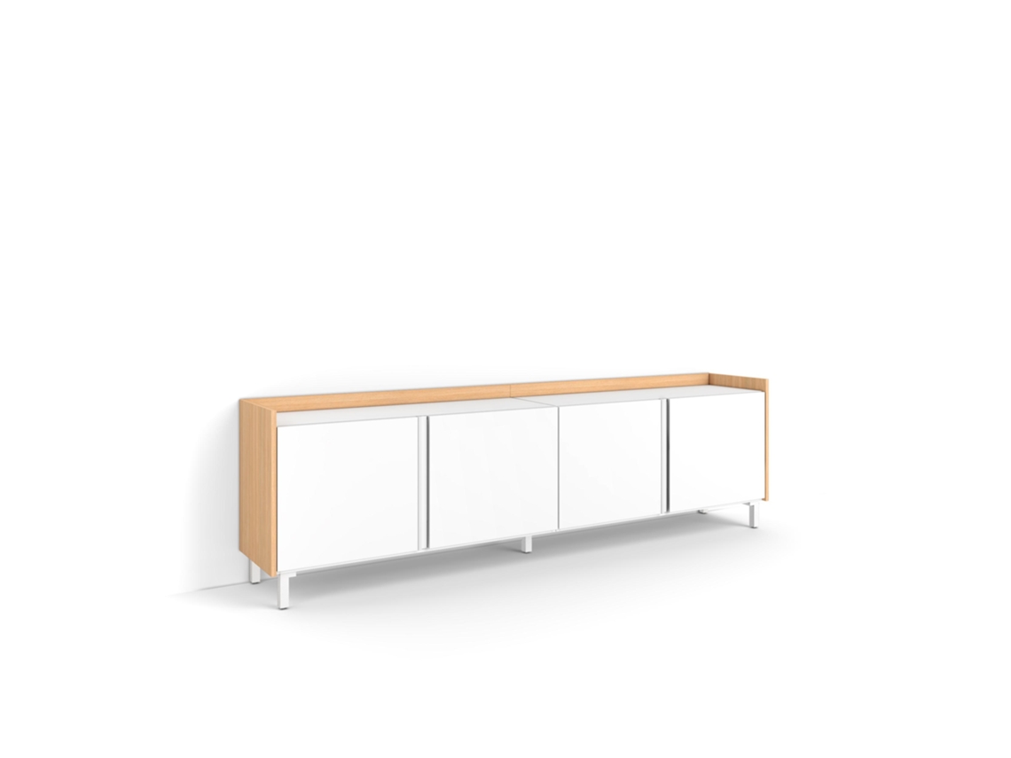 Mueble para TV, 207x35x61cm, para televisores de hasta 80'', diseño industrial, blanco y roble claro.