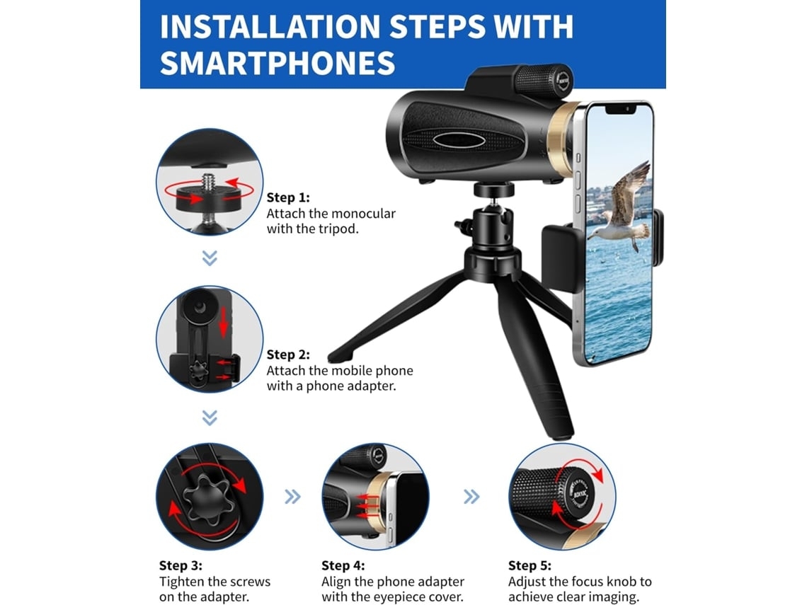 Telescopio monocular de alta potencia 80x100 con trípode, adaptador para teléfono inteligente, telescopio monocular gran angular para adultos con prisma Bak4 Ushion