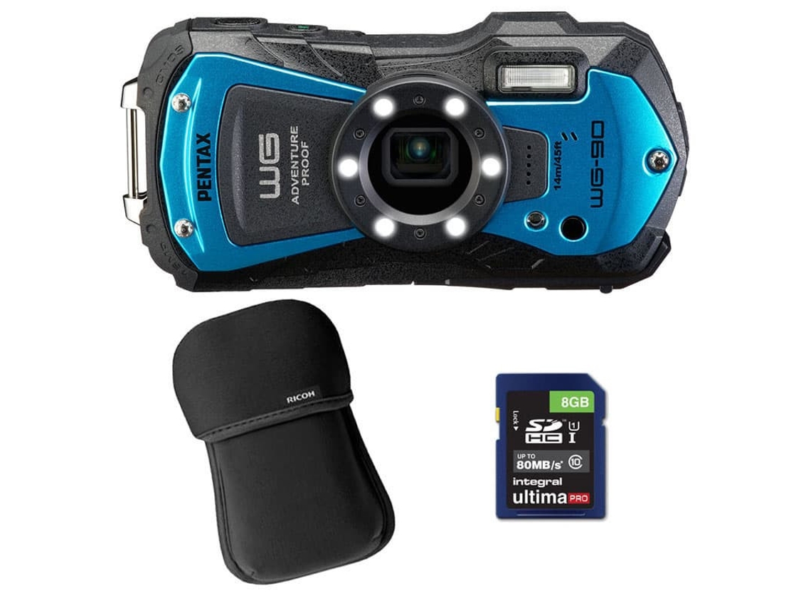 Cámara Compacta Resistente Al Agua Pentax Wg-90 Azul + Funda + Tarjeta Sd De 8 Gb