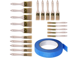 Juego de 20 pinceles + cinta azul de 40 mm/50 m – Cerdas naturales | Varios tamaños | Para pinturas al agua y al disolvente