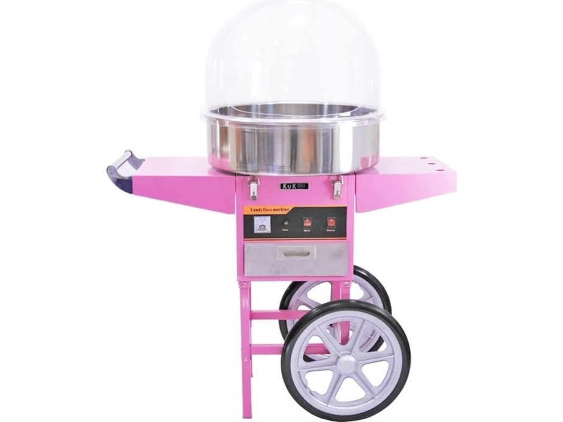 Máquina de Algodón de Azúcar Kukoo Rosa con Carrito y Cúpula de Acrílico