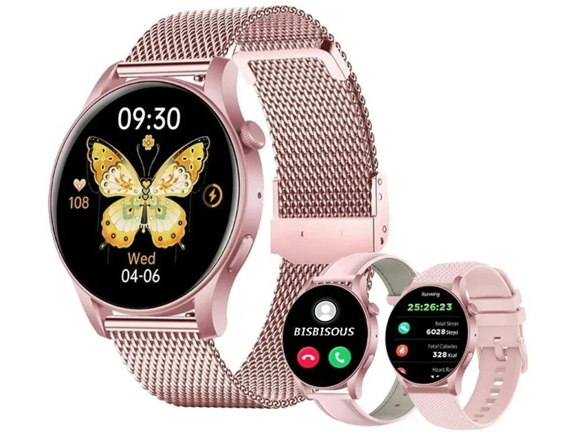 Reloj de Fitness para Mulheres BISBISOUS KC88 com Tela AMOLED de 1.43" e Função de Chamadas, Monitor de Frequência Cardíaca e Pressão Rosa
