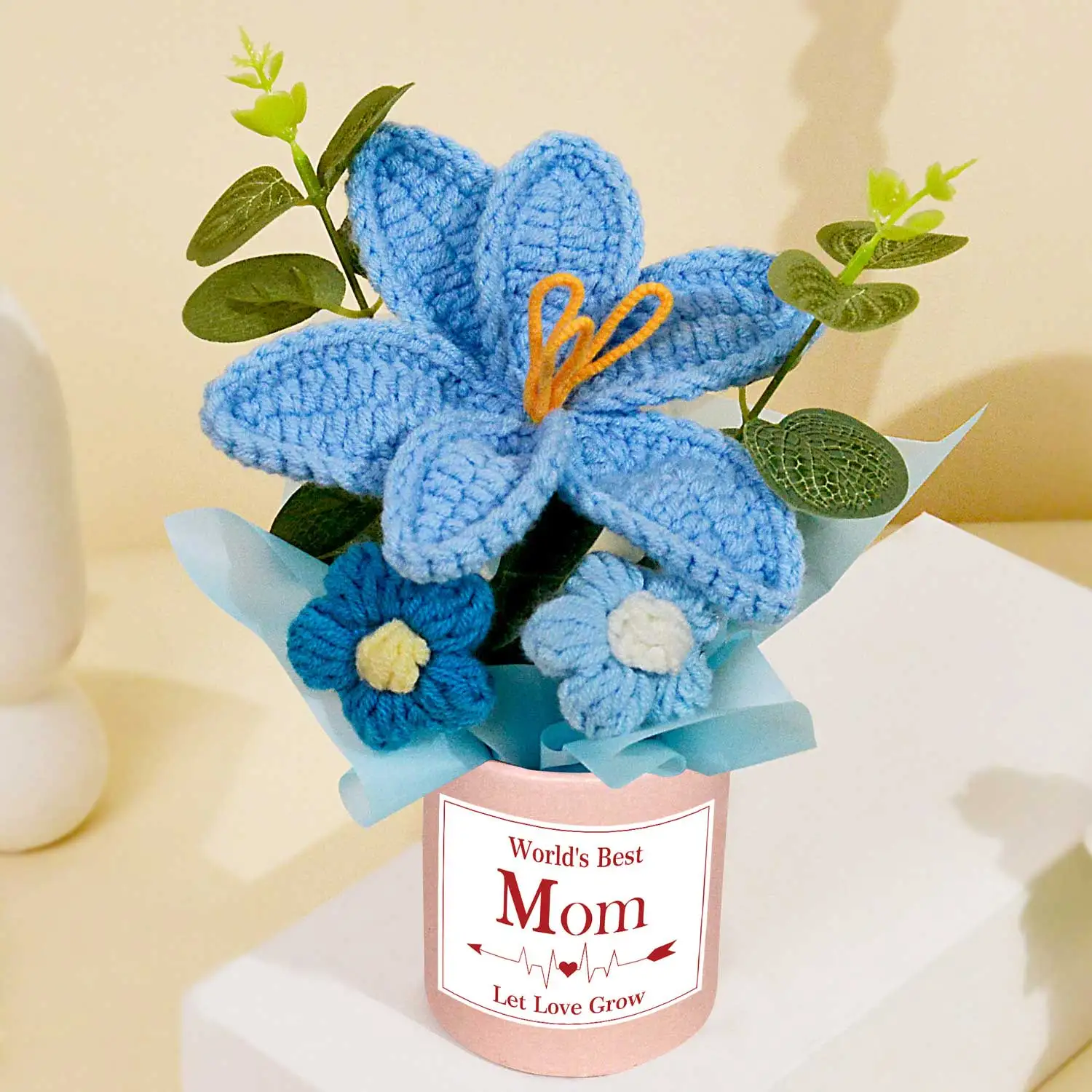 (azul) Flores Tejidas A Mano, Ramo De Punto Terminado, Un Conjunto De Margaritas Tejidas Auténticas