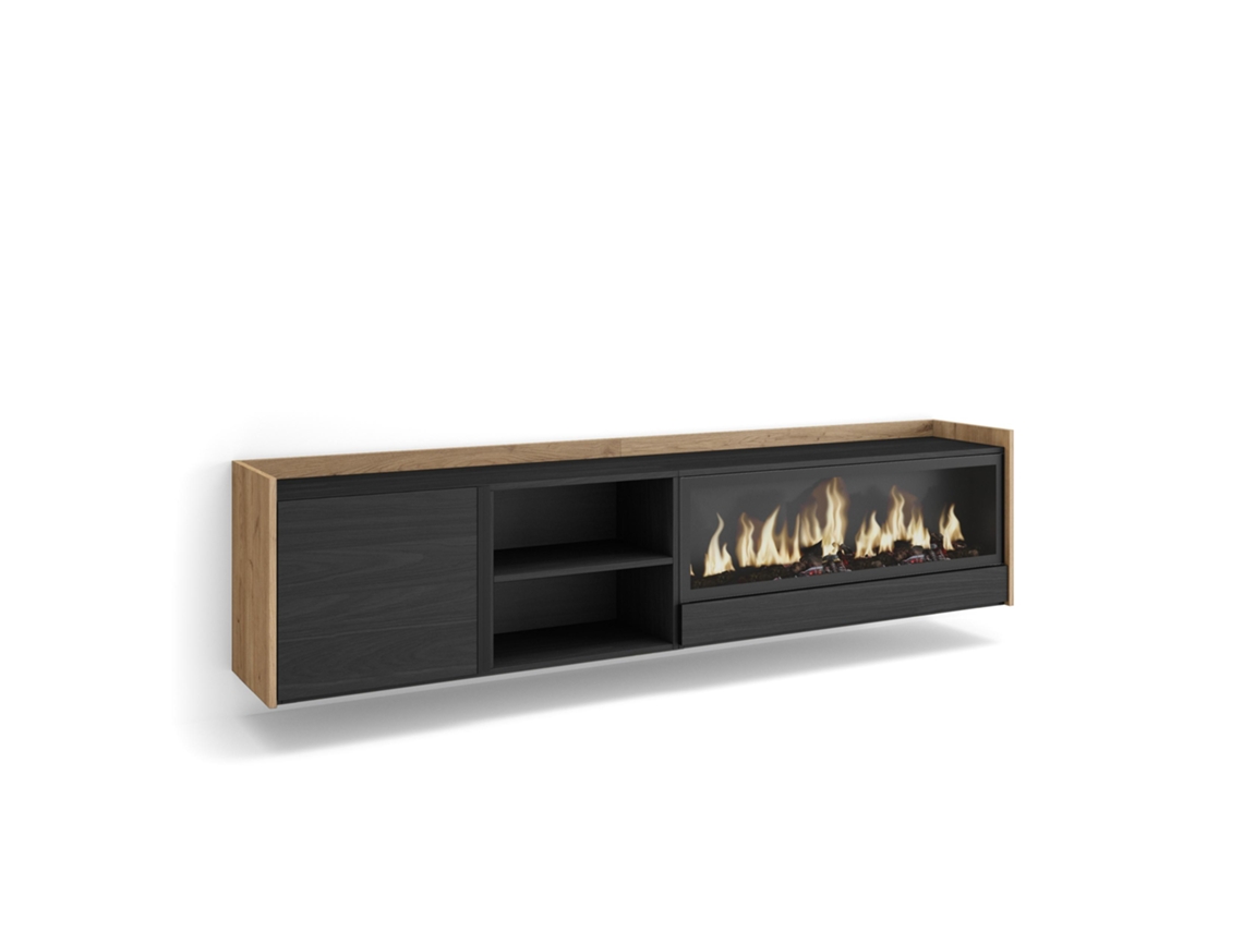 Mueble para TV, 212x35x50cm, para televisores de hasta 80'', chimenea eléctrica XXL, montaje en pared, negro y roble.
