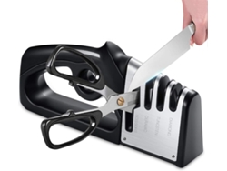 Afilador Profesional, Afilador de Cuchillos con Diseño Patentado y 4 Compartimentos para Todo Tipo de Cuchillos y Tijeras, Mango Ergonómico para Diestros