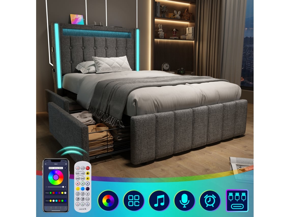 Cama Individual De 90x200 Cm Con Usb-c, Iluminación Led, Cajones, Color Gris. Colchón No Incluido.