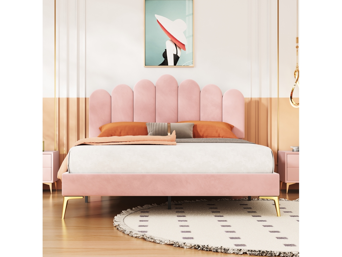 Cama Tapizada En Terciopelo Rosa De 140x200 Cm Con Base De Láminas, Cama Elegante Para Adultos Jóvenes.