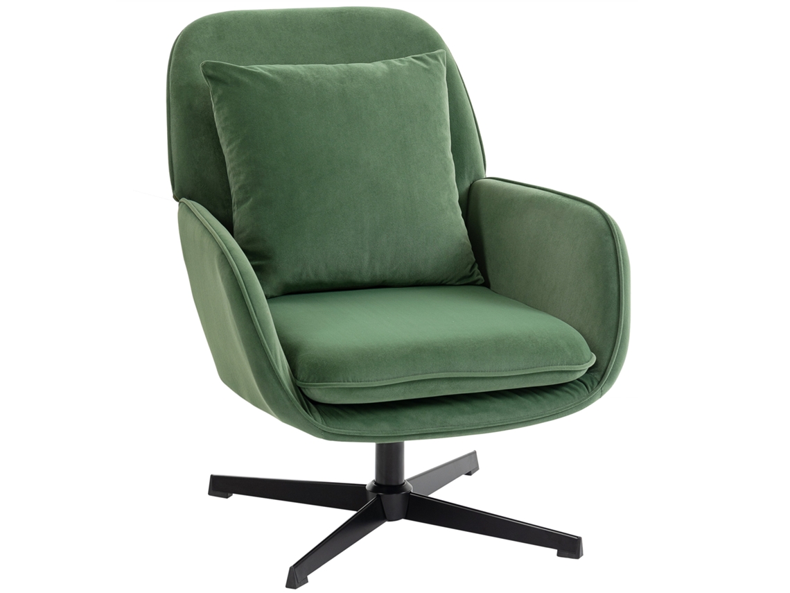 Sillón giratorio con soporte lumbar, tapizado en tela de terciopelo verde.