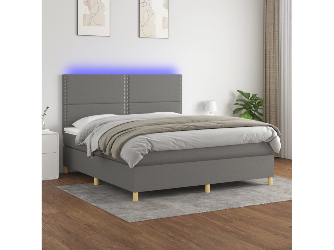 Cama Box Spring Colchón Y Luces Led Tela Gris Oscuro 180x200 Cm