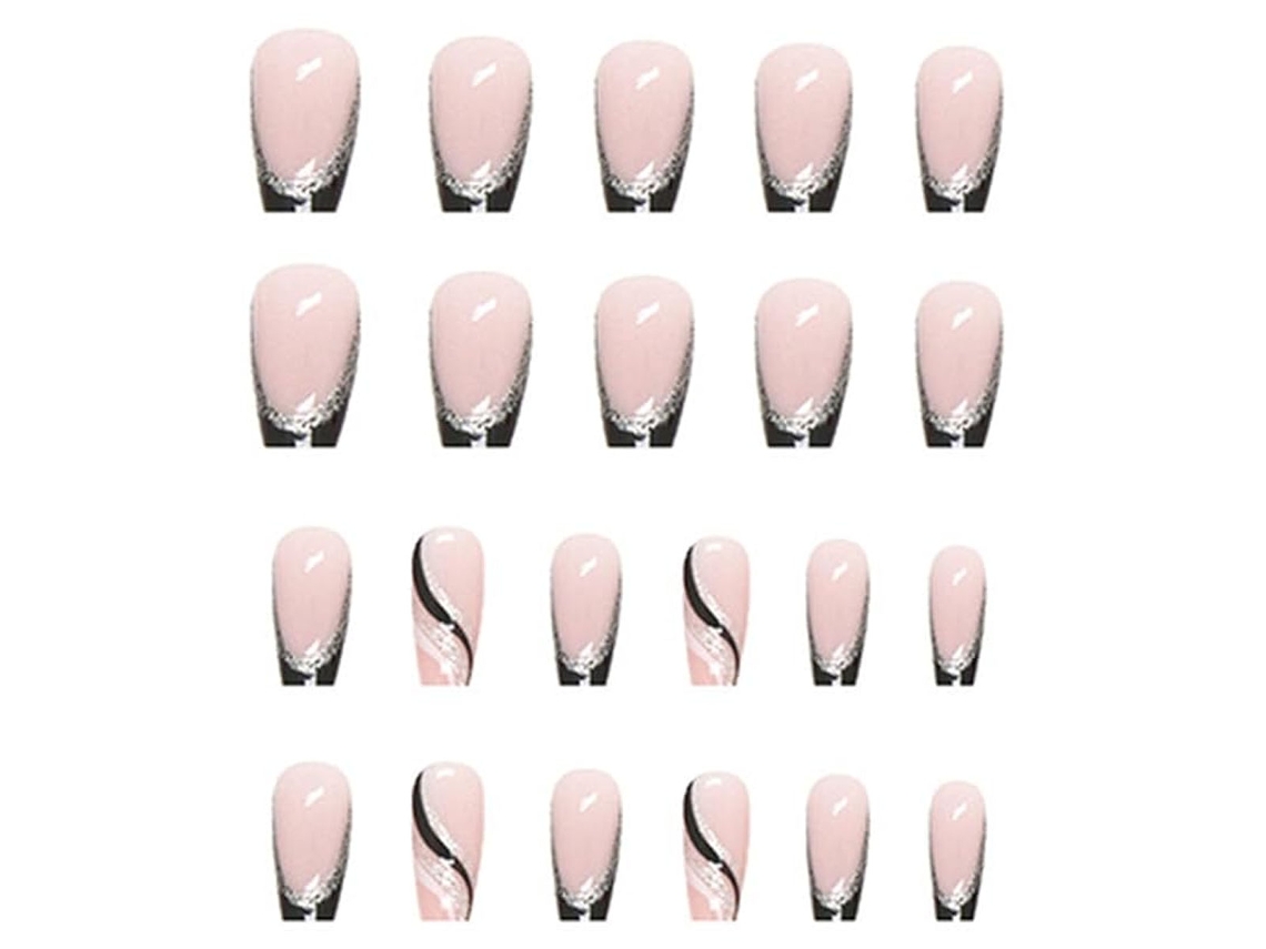 24 Uñas Postizas Francesas Rymaup® con Brillo y Diseño de Remolino, Uñas Acrílicas Satinadas