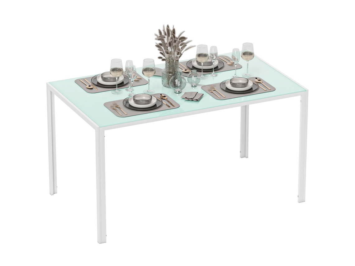 Mesa de comedor rectangular de cristal para 6 personas, patas de metal, blanca, 140x80x75